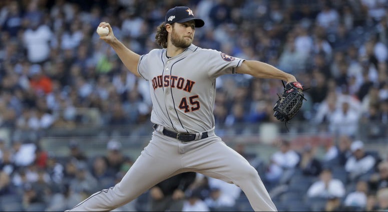 Houston Astros starting pitcher Gerrit Cole (45) delivers against the New York Yankees during the first inning of Game 3 of baseball's American League Championship Series, Tuesday, Oct. 15, 2019, in New York Houston Astros starting pitcher Gerrit Cole (45) delivers against the New York Yankees during the first inning of Game 3 of baseball's American League Championship Series, Tuesday, Oct. 15, 2019, in New York