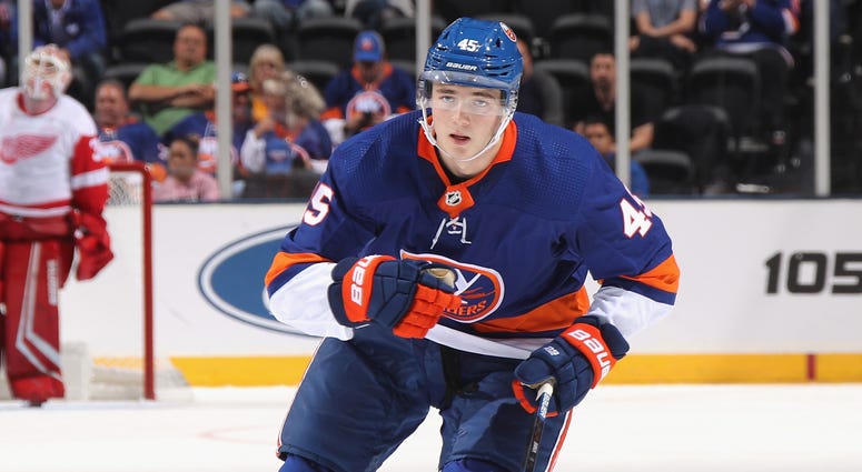 SEPTEMBER 23: Noah Dobson #45 of the New York Islanders skates against the Detroit Red Wings in preseason action at the NYCB Live's Nassau Coliseum on September 23, 2019 in Uniondale, New York. SEPTEMBER 23: Noah Dobson #45 of the New York Islanders skates against the Detroit Red Wings in preseason action at the NYCB Live's Nassau Coliseum on September 23, 2019 in Uniondale, New York.