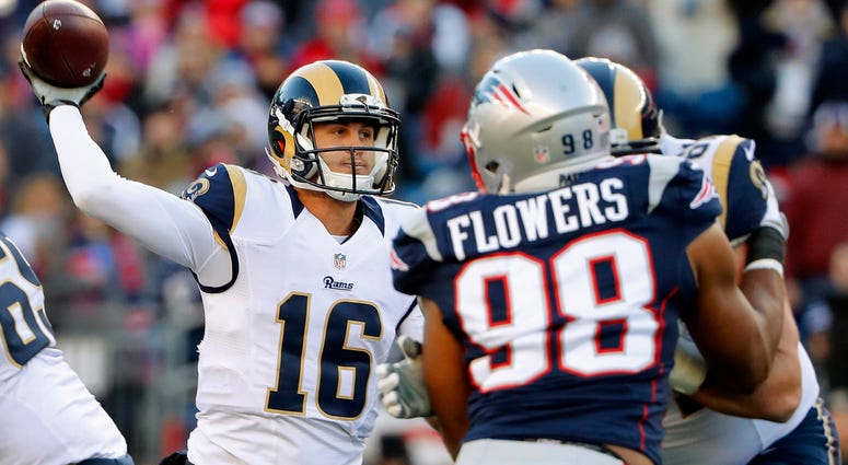 Dec 4, 2016; Foxborough, MA, USA; Los Angeles Rams quarterback Jared Goff (16) throws the ball during the second half at Gillette Stadium. The Patriots 26-10 won. Mandatory Credit: Winslow Townson-USA TODAY Sports Dec 4, 2016; Foxborough, MA, USA; Los Angeles Rams quarterback Jared Goff (16) throws the ball during the second half at Gillette Stadium. The Patriots 26-10 won. Mandatory Credit: Winslow Townson-USA TODAY Sports