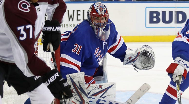 Igor Shesterkin of the New York Rangers plays in his first NHL game against the Colorado Avalanche on Jan. 7, 2019, at Madison Square Garden. 