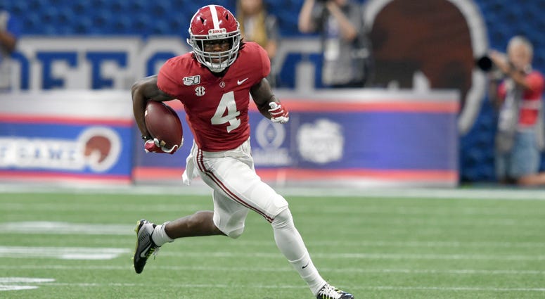 Alabama wide receiver Jerry Jeudy carries the ball up the field against Duke on Aug. 31, 2019, at Mercedes-Benz Stadium in Atlanta. Alabama wide receiver Jerry Jeudy carries the ball up the field against Duke on Aug. 31, 2019, at Mercedes-Benz Stadium in Atlanta.