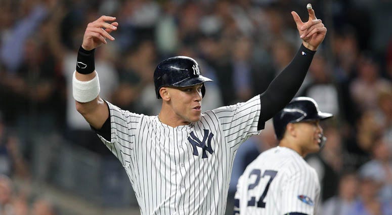 Yankees right fielder Aaron Judge celebrates during the sixth inning against the Oakland Athletics in the American League wild-card game on Oct. 3, 2018, at Yankee Stadium. Yankees right fielder Aaron Judge celebrates during the sixth inning against the Oakland Athletics in the American League wild-card game on Oct. 3, 2018, at Yankee Stadium.