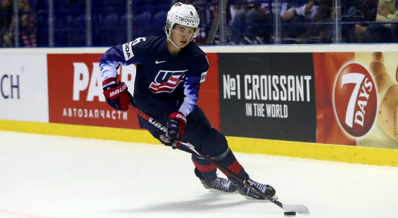 KOSICE, SLOVAKIA - MAY 15: Jack Hughes of United States skates against Great Britain during the 2019 IIHF Ice Hockey World Championship Slovakia group A game between United States and Great Britain at Steel Arena on May 15, 2019 in Kosice, Slovakia. (Phot KOSICE, SLOVAKIA - MAY 15: Jack Hughes of United States skates against Great Britain during the 2019 IIHF Ice Hockey World Championship Slovakia group A game between United States and Great Britain at Steel Arena on May 15, 2019 in Kosice, Slovakia. (Phot