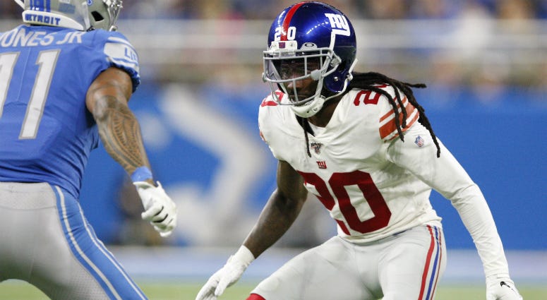 New York Giants cornerback Janoris Jenkins defends Detroit Lions wide receiver Marvin Jones during the first quarter at Ford Field on Oct 27, 2019. New York Giants cornerback Janoris Jenkins defends Detroit Lions wide receiver Marvin Jones during the first quarter at Ford Field on Oct 27, 2019.