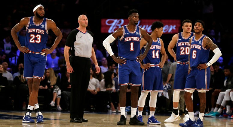 Knicks players during the second half of their game against the Denver Nuggets on Dec. 5, 2019, at Madison Square Garden Knicks players during the second half of their game against the Denver Nuggets on Dec. 5, 2019, at Madison Square Garden
