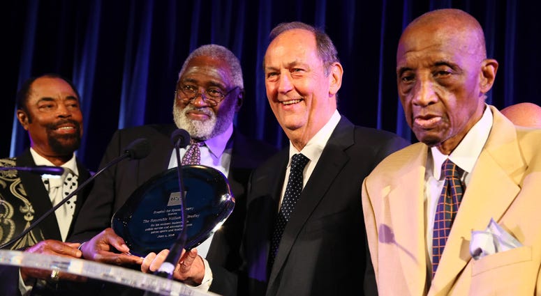 Former Knicks Walt "Clyde" Frazier, Willis Reed, Bill Bradley and Dick Barnett appear on stage at the Hospital for Special Surgery 35th Tribute Dinner at the American Museum of Natural History on June 4, 2018. Former Knicks Walt "Clyde" Frazier, Willis Reed, Bill Bradley and Dick Barnett appear on stage at the Hospital for Special Surgery 35th Tribute Dinner at the American Museum of Natural History on June 4, 2018.