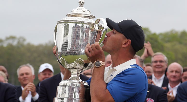 Brooks Koepka celebrates with the Wanamaker Trophy after winning the PGA Championship on May 19, 2019, at Bethpage Black. Brooks Koepka celebrates with the Wanamaker Trophy after winning the PGA Championship on May 19, 2019, at Bethpage Black.