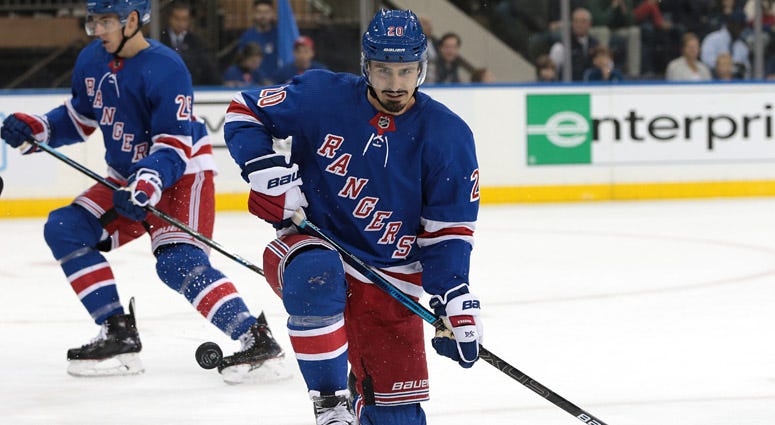 Rangers center Chris Kreider reacts after being hit in the leg by a shot against the Edmonton Oilers on Oct. 12, 2019, at Madison Square Garden. Rangers center Chris Kreider reacts after being hit in the leg by a shot against the Edmonton Oilers on Oct. 12, 2019, at Madison Square Garden.
