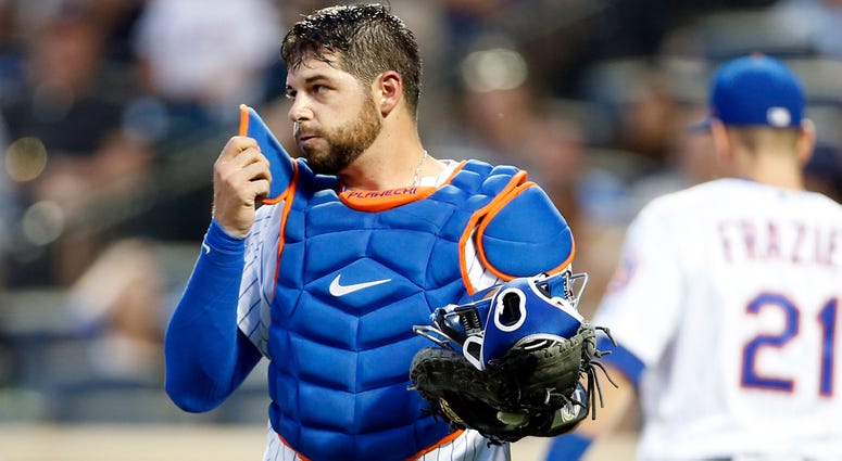Aug 2, 2018; New York City, NY, USA; New York Mets catcher Kevin Plawecki (26) reacts after dropping a foul ball against the Atlanta Braves during the third inning at Citi Field. Mandatory Credit: Adam Hunger-USA TODAY Sports Aug 2, 2018; New York City, NY, USA; New York Mets catcher Kevin Plawecki (26) reacts after dropping a foul ball against the Atlanta Braves during the third inning at Citi Field. Mandatory Credit: Adam Hunger-USA TODAY Sports