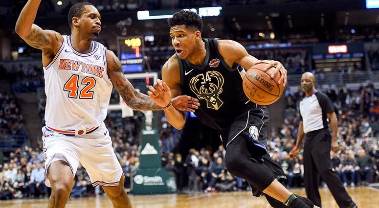 Milwaukee Bucks forward Giannis Antetokounmpo drives to the basket against New York Knicks forward Lance Thomas at the BMO Harris Bradley Center on Feb 2, 2018. Milwaukee Bucks forward Giannis Antetokounmpo drives to the basket against New York Knicks forward Lance Thomas at the BMO Harris Bradley Center on Feb 2, 2018.
