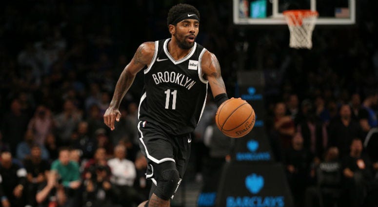Oct 25, 2019; Brooklyn, NY, USA; Brooklyn Nets point guard Kyrie Irving (11) controls the ball against the New York Knicks during the fourth quarter at Barclays Center Oct 25, 2019; Brooklyn, NY, USA; Brooklyn Nets point guard Kyrie Irving (11) controls the ball against the New York Knicks during the fourth quarter at Barclays Center