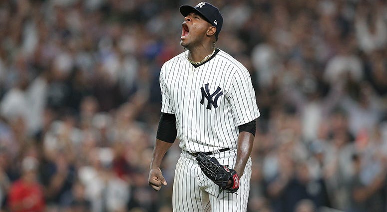Oct 3, 2018; Bronx, NY, USA; New York Yankees starting pitcher Luis Severino (40) celebrates after making the last out while bases were loaded during the fourth inning against the Oakland Athletics in the 2018 American League wild card playoff baseball ga Oct 3, 2018; Bronx, NY, USA; New York Yankees starting pitcher Luis Severino (40) celebrates after making the last out while bases were loaded during the fourth inning against the Oakland Athletics in the 2018 American League wild card playoff baseball ga