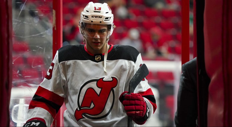 Apr 4, 2019; Raleigh, NC, USA; New Jersey Devils center Nico Hischier (13) comes off the ice before the game against the Carolina Hurricanes at PNC Arena. The Carolina Hurricanes defeated the New Jersey Devils 3-1. Apr 4, 2019; Raleigh, NC, USA; New Jersey Devils center Nico Hischier (13) comes off the ice before the game against the Carolina Hurricanes at PNC Arena. The Carolina Hurricanes defeated the New Jersey Devils 3-1.