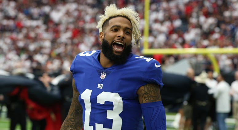 Odell Beckham Jr. Odell Beckham Jr. of the Giants reacts against the Carolina Panthers on Oct. 7, 2018, at Bank of America Stadium on Oct. 7, 2018 in Charlotte, North Carolina.
