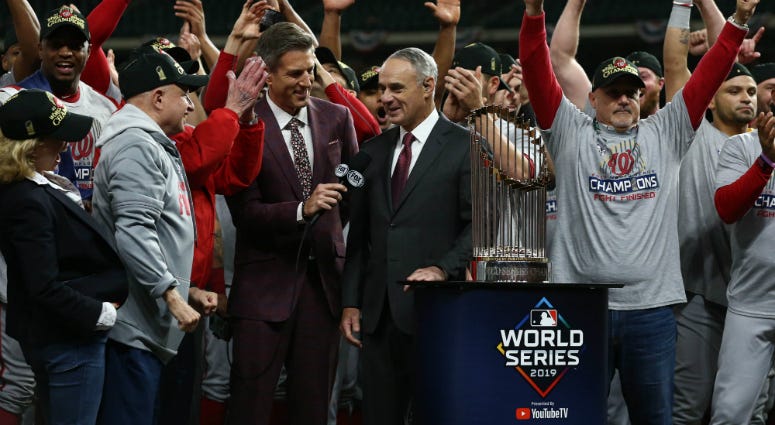 MLB commissioner Rob Manfred presents the Washington Nationals with the Commissioners Trophy after defeating the Houston Astros in game seven of the 2019 World Series at Minute Maid Park. MLB commissioner Rob Manfred presents the Washington Nationals with the Commissioners Trophy after defeating the Houston Astros in game seven of the 2019 World Series at Minute Maid Park.