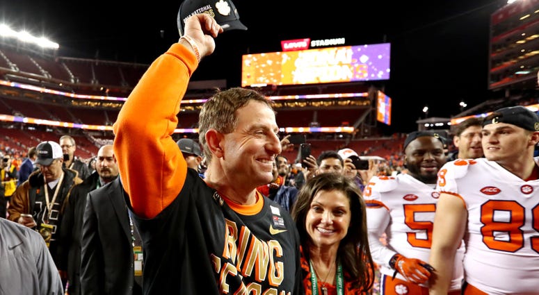 Jan 7, 2019; Santa Clara, CA, USA; Clemson Tigers head coach Dabo Swinney celebrates beating the Alabama Crimson Tide during the 2019 College Football Playoff Championship game at Levi's Stadium. Mandatory Credit: Matthew Emmons-USA TODAY Sports Jan 7, 2019; Santa Clara, CA, USA; Clemson Tigers head coach Dabo Swinney celebrates beating the Alabama Crimson Tide during the 2019 College Football Playoff Championship game at Levi's Stadium. Mandatory Credit: Matthew Emmons-USA TODAY Sports