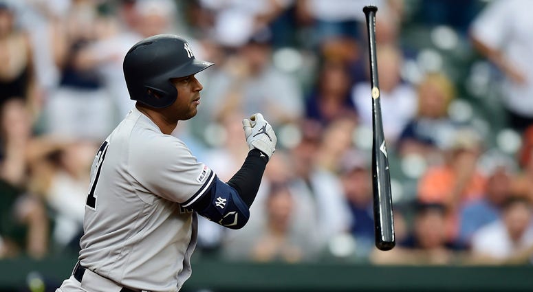 The Yankees' Aaron Hicks tosses his bat after being walked with the bases loaded in the ninth inning against the Orioles on may 23, 2019, at Oriole Park at Camden Yards on May 23, 2019, in Baltimore. The Yankees' Aaron Hicks tosses his bat after being walked with the bases loaded in the ninth inning against the Orioles on may 23, 2019, at Oriole Park at Camden Yards on May 23, 2019, in Baltimore.