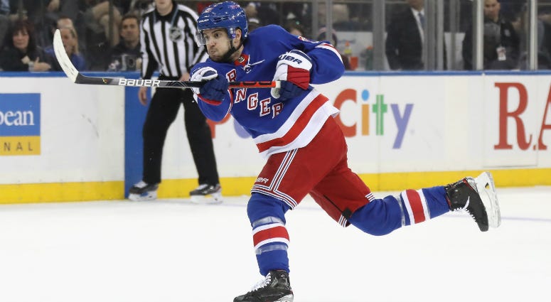 Tony DeAngelo of the Rangers scores his hattrick goal on the power-play at 15:02 of the second period against the Devils at Madison Square Garden on January 09, 2020 in New York City. Tony DeAngelo of the Rangers scores his hattrick goal on the power-play at 15:02 of the second period against the Devils at Madison Square Garden on January 09, 2020 in New York City.