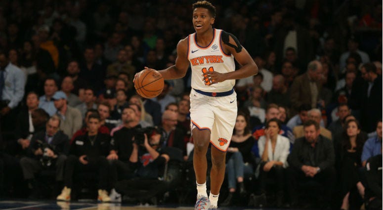 Frank Ntilikina controls the ball against the Brooklyn Nets during the first quarter at Madison Square Garden. Frank Ntilikina controls the ball against the Brooklyn Nets during the first quarter at Madison Square Garden.