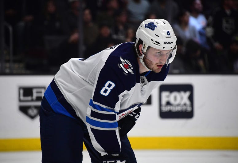 Jacob Trouba reacts against the Los Angeles Kings in the second period at Staples Center. Jacob Trouba reacts against the Los Angeles Kings in the second period at Staples Center.