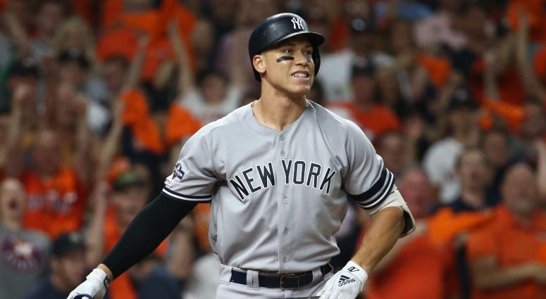 New York Yankees right fielder Aaron Judge (99) reacts after striking out in the fourth inning against the Houston Astros in game six of the 2019 ALCS playoff baseball series on Oct 19, 2019 at Minute Maid Park.