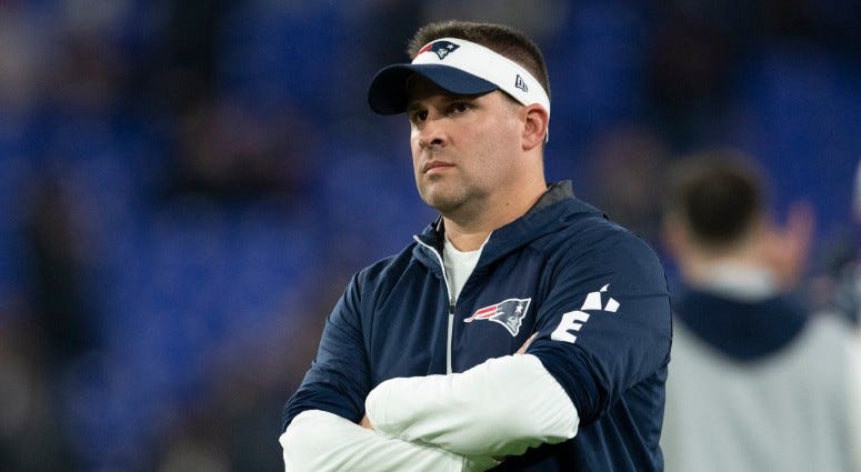 New England Patriots offensive coordinator Josh McDaniels stands on the field during warms up before the game against the Baltimore Ravens on Nov 3, 2019 at M&T Bank Stadium. New England Patriots offensive coordinator Josh McDaniels stands on the field during warms up before the game against the Baltimore Ravens on Nov 3, 2019 at M&T Bank Stadium.