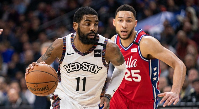 Brooklyn Nets guard Kyrie Irving (11) dribbles in front of Philadelphia 76ers guard Ben Simmons (25) during the fourth quarter on Jan 15, 2020 at Wells Fargo Center. Brooklyn Nets guard Kyrie Irving (11) dribbles in front of Philadelphia 76ers guard Ben Simmons (25) during the fourth quarter on Jan 15, 2020 at Wells Fargo Center.