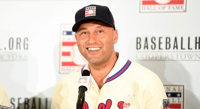 Former Yankees shortstop Derek Jeter answers questions during the Hall of Fame induction press conference Jan 22, 2020; New York, New York Former Yankees shortstop Derek Jeter answers questions during the Hall of Fame induction press conference Jan 22, 2020; New York, New York