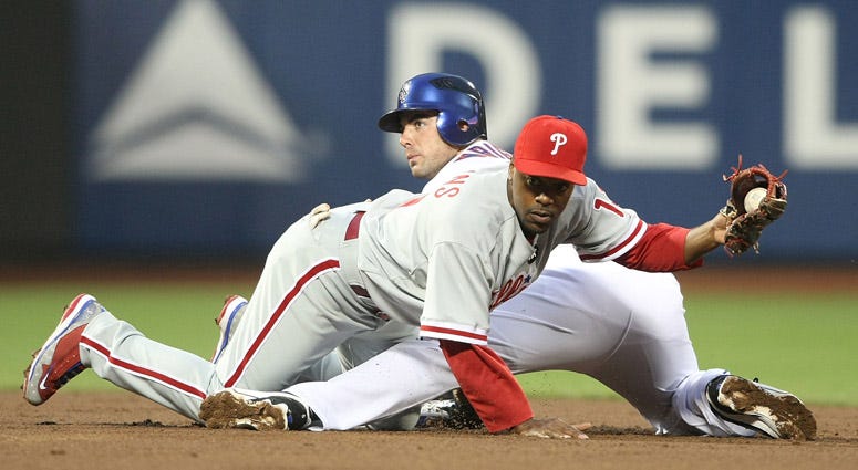 The Mets' David Wright is tagged trying to steal second by Jimmy Rollins of the Philadelphia Phillies on May 6, 2009, at Citi Field. The Mets' David Wright is tagged trying to steal second by Jimmy Rollins of the Philadelphia Phillies on May 6, 2009, at Citi Field.