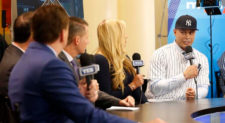 Yankees outfielder Giancarlo Stanton talks with the YES Network during the winter meetings at Walt Disney World Swan and Dolphin Resort on Dec. 11, 2017. Yankees outfielder Giancarlo Stanton talks with the YES Network during the winter meetings at Walt Disney World Swan and Dolphin Resort on Dec. 11, 2017.