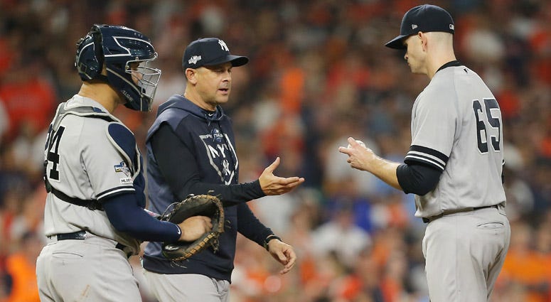 The Yankees' James Paxton is pulled by manager Aaron Boone during the third inning against the Houston Astros in Game 2 of the American League Championship Series on Oct. 13, 2019, in Houston. The Yankees' James Paxton is pulled by manager Aaron Boone during the third inning against the Houston Astros in Game 2 of the American League Championship Series on Oct. 13, 2019, in Houston.
