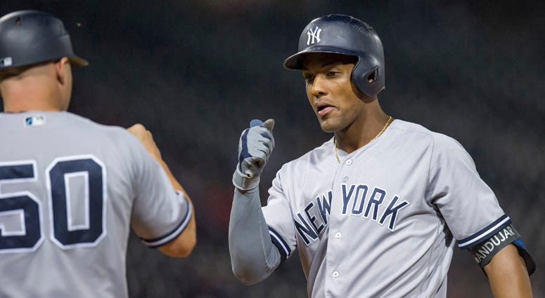The Yankees' Miguel Andujar celebrates his RBI single during the 13th inning against the White Sox on Aug. 7, 2018, at Guaranteed Rate Field in Chicago. The Yankees' Miguel Andujar celebrates his RBI single during the 13th inning against the White Sox on Aug. 7, 2018, at Guaranteed Rate Field in Chicago.