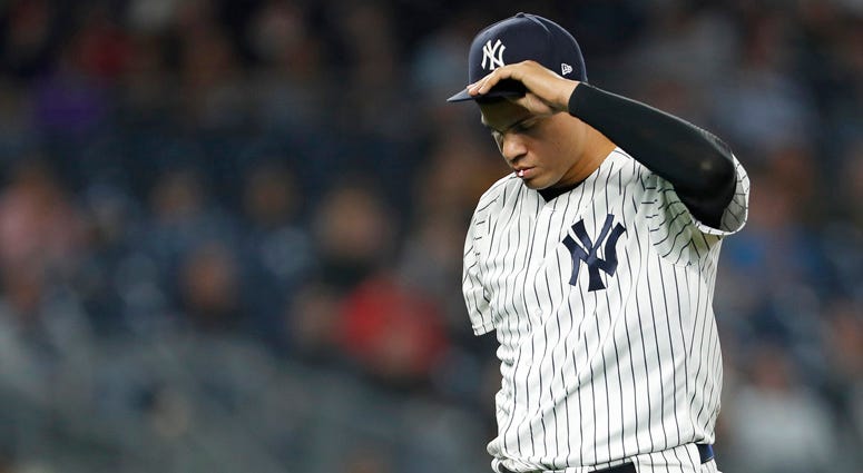 The Yankees' Dellin Betances reacts walking to the dugout against the Boston Red Sox during the eighth inning on May 10, 2018, at Yankee Stadium. The Yankees' Dellin Betances reacts walking to the dugout against the Boston Red Sox during the eighth inning on May 10, 2018, at Yankee Stadium.