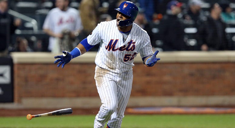Mets left fielder Yoenis Cespedes reacts after hitting a grand slam against the Washington Nationals on April 19, 2018, at Yankee Stadium. Mets left fielder Yoenis Cespedes reacts after hitting a grand slam against the Washington Nationals on April 19, 2018, at Yankee Stadium.