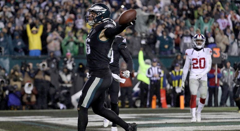 Eagles tight end Zach Ertz celebrates his catch in the end zone in overtime to win 23-17 over the Giants on Dec. 9, 2019, at Lincoln Financial Field in Philadelphia. Eagles tight end Zach Ertz celebrates his catch in the end zone in overtime to win 23-17 over the Giants on Dec. 9, 2019, at Lincoln Financial Field in Philadelphia.