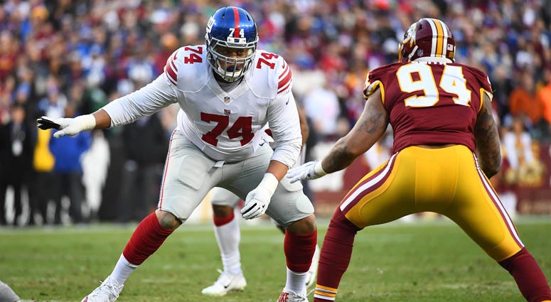 Giants offensive tackle Ereck Flowers (74) prepares to block Washington Redskins linebacker Preston Smith (94) during the first half at FedEx Field. Giants offensive tackle Ereck Flowers (74) prepares to block Washington Redskins linebacker Preston Smith (94) during the first half at FedEx Field.