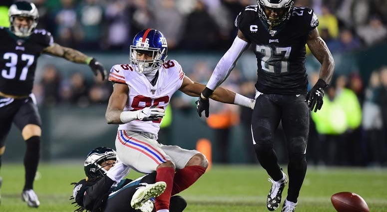 Giants wide receiver Darius Slayton has a play broken up by Eagles cornerback Ronald Darby on Dec. 9, 2019, at Lincoln Financial Field in Philadelphia. Giants wide receiver Darius Slayton has a play broken up by Eagles cornerback Ronald Darby on Dec. 9, 2019, at Lincoln Financial Field in Philadelphia.