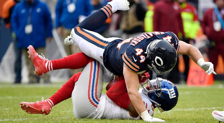The Bears' Nick Kwiatkoski tackles Giants wide receiver Sterling Shepard on Nov. 24, 2019, in Chicago. The Bears' Nick Kwiatkoski tackles Giants wide receiver Sterling Shepard on Nov. 24, 2019, in Chicago.