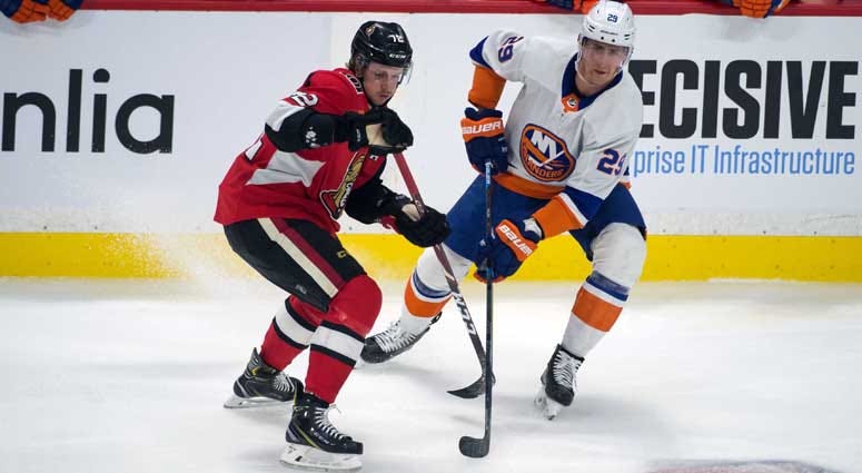 Senators defenseman Thomas Chabot battles with Islanders center Brock Nelson in the third period on March 5, 2020, at the Canadian Tire Centre in Ottawa, Ontario. Senators defenseman Thomas Chabot battles with Islanders center Brock Nelson in the third period on March 5, 2020, at the Canadian Tire Centre in Ottawa, Ontario.