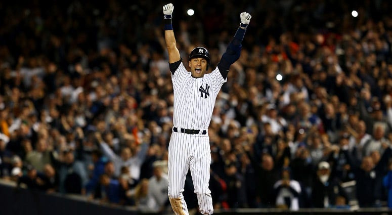 The Yankees' Derek Jeter celebrates after a game-winning RBI hit in the ninth inning against the Baltimore Orioles in his last game ever at Yankee Stadium on September 25, 2014 in the Bronx borough of New York City. The Yankees' Derek Jeter celebrates after a game-winning RBI hit in the ninth inning against the Baltimore Orioles in his last game ever at Yankee Stadium on September 25, 2014 in the Bronx borough of New York City.