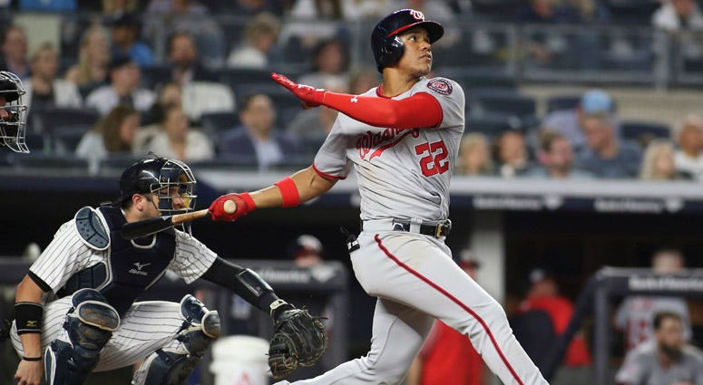 The Nationals' Juan Soto hits a home run in the seventh inning against the Yankees on June 13, 2018, at Yankee Stadium. The Nationals' Juan Soto hits a home run in the seventh inning against the Yankees on June 13, 2018, at Yankee Stadium.