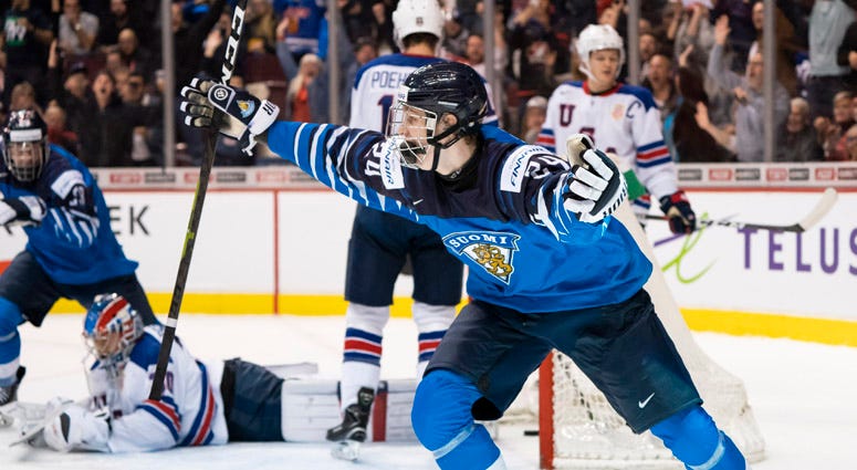 Kaapo Kakko of Finland celebrates after scoring the game-winning goal against the United States in the gold medal game of the IIHF World Junior Championship on Jan. 5, 2019, at Rogers Arena in Vancouver, British Columbia. Kaapo Kakko of Finland celebrates after scoring the game-winning goal against the United States in the gold medal game of the IIHF World Junior Championship on Jan. 5, 2019, at Rogers Arena in Vancouver, British Columbia.