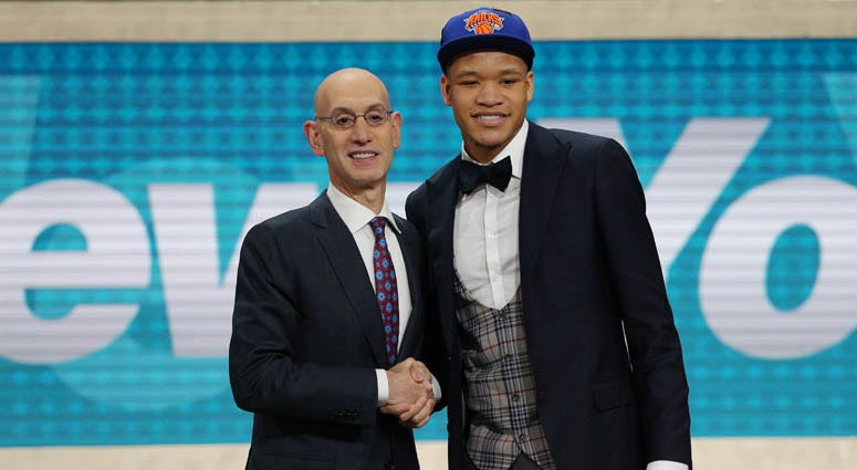 Kevin Knox poses with NBA commissioner just after Knox was drafted by the Knicks on June 21, 2018. Kevin Knox poses with NBA commissioner just after Knox was drafted by the Knicks on June 21, 2018.