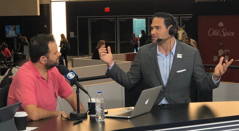 Former Jets quarterback Mark Sanchez chats with WFAN's Gregg Giannotti on Jan. 29, 2019, on Super Bowl Radio Row in Miami Beach, Florida. Former Jets quarterback Mark Sanchez chats with WFAN's Gregg Giannotti on Jan. 29, 2019, on Super Bowl Radio Row in Miami Beach, Florida.
