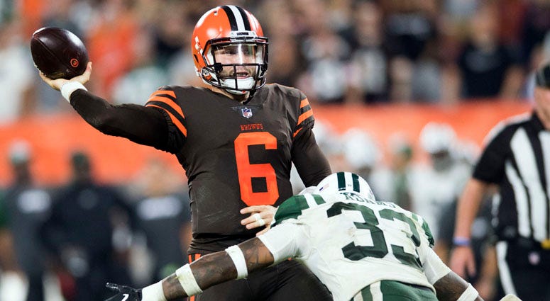 Browns quarterback Baker Mayfield throws a pass under pressure against the Jets on Sept. 20, 2018, at FirstEnergy Stadium in Cleveland. Browns quarterback Baker Mayfield throws a pass under pressure against the Jets on Sept. 20, 2018, at FirstEnergy Stadium in Cleveland.