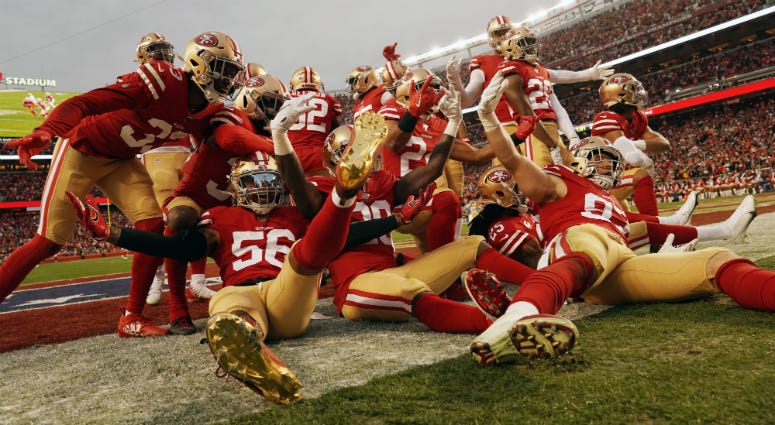 The San Francisco 49ers defense celebrates after an interception by Emmanuel Moseley in the first half against the Green Bay Packers during the NFC Championship game at Levi's Stadium on January 19, 2020 in Santa Clara, California. The San Francisco 49ers defense celebrates after an interception by Emmanuel Moseley in the first half against the Green Bay Packers during the NFC Championship game at Levi's Stadium on January 19, 2020 in Santa Clara, California.