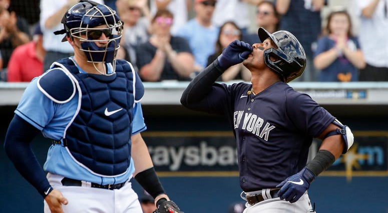 Yankees third baseman Miguel Andujar celebrates after hitting a home run against the Tampa Bay Rays on Feb. 23, 2020, at Charlotte Sports Park in Port Charlotte, Florida. Yankees third baseman Miguel Andujar celebrates after hitting a home run against the Tampa Bay Rays on Feb. 23, 2020, at Charlotte Sports Park in Port Charlotte, Florida.