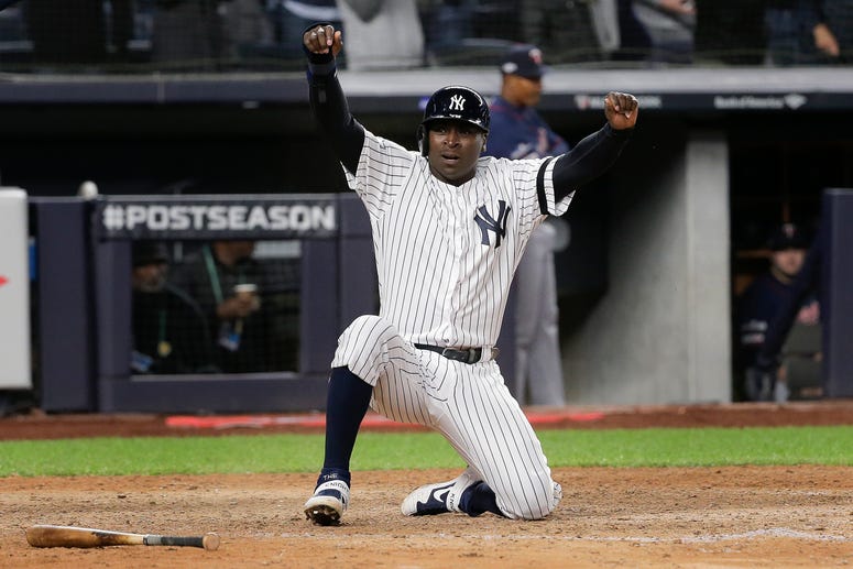 New York Yankees' Didi Gregorius reacts after scoring on a double by second baseman DJ LeMahieu (26) during the seventh inning of Game 1 of an American League Division Series baseball game against the Minnesota Twins, Friday, Oct. 4, 2019, in New York New York Yankees' Didi Gregorius reacts after scoring on a double by second baseman DJ LeMahieu (26) during the seventh inning of Game 1 of an American League Division Series baseball game against the Minnesota Twins, Friday, Oct. 4, 2019, in New York