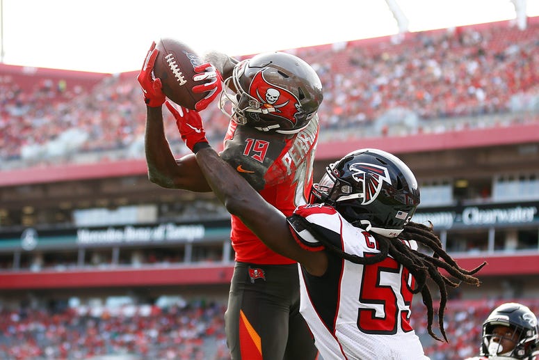 Breshad Perriman of the Tampa Bay Buccaneers catches a touchdown pass against the Atlanta Falcons during the first half at Raymond James Stadium on December 29, 2019 in Tampa, Florida. Breshad Perriman of the Tampa Bay Buccaneers catches a touchdown pass against the Atlanta Falcons during the first half at Raymond James Stadium on December 29, 2019 in Tampa, Florida.