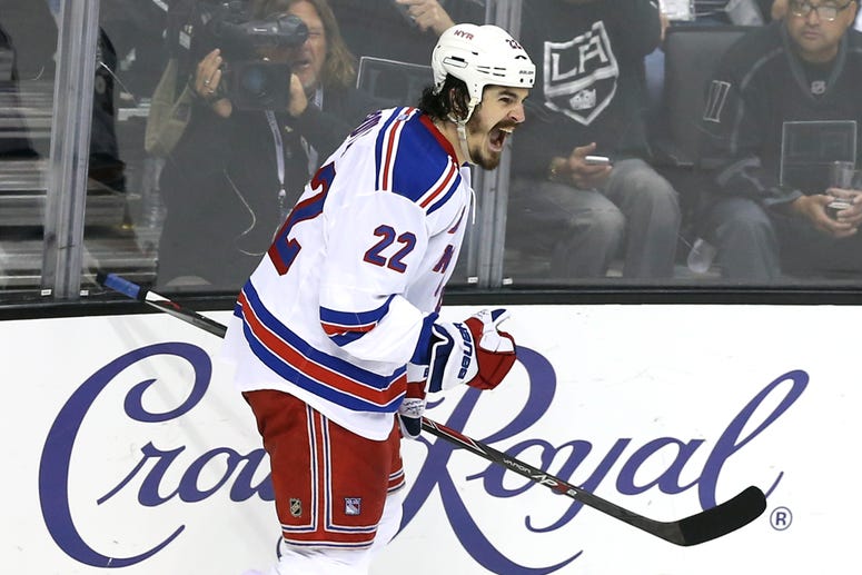 Brian Boyle of the Rangers celebrates his second period goal past goaltender Jonathan Quick #32 of the Los Angeles Kings during Game Five of the 2014 Stanley Cup Final at Staples Center on June 13, 2014 in Los Angeles, California. Brian Boyle of the Rangers celebrates his second period goal past goaltender Jonathan Quick #32 of the Los Angeles Kings during Game Five of the 2014 Stanley Cup Final at Staples Center on June 13, 2014 in Los Angeles, California.